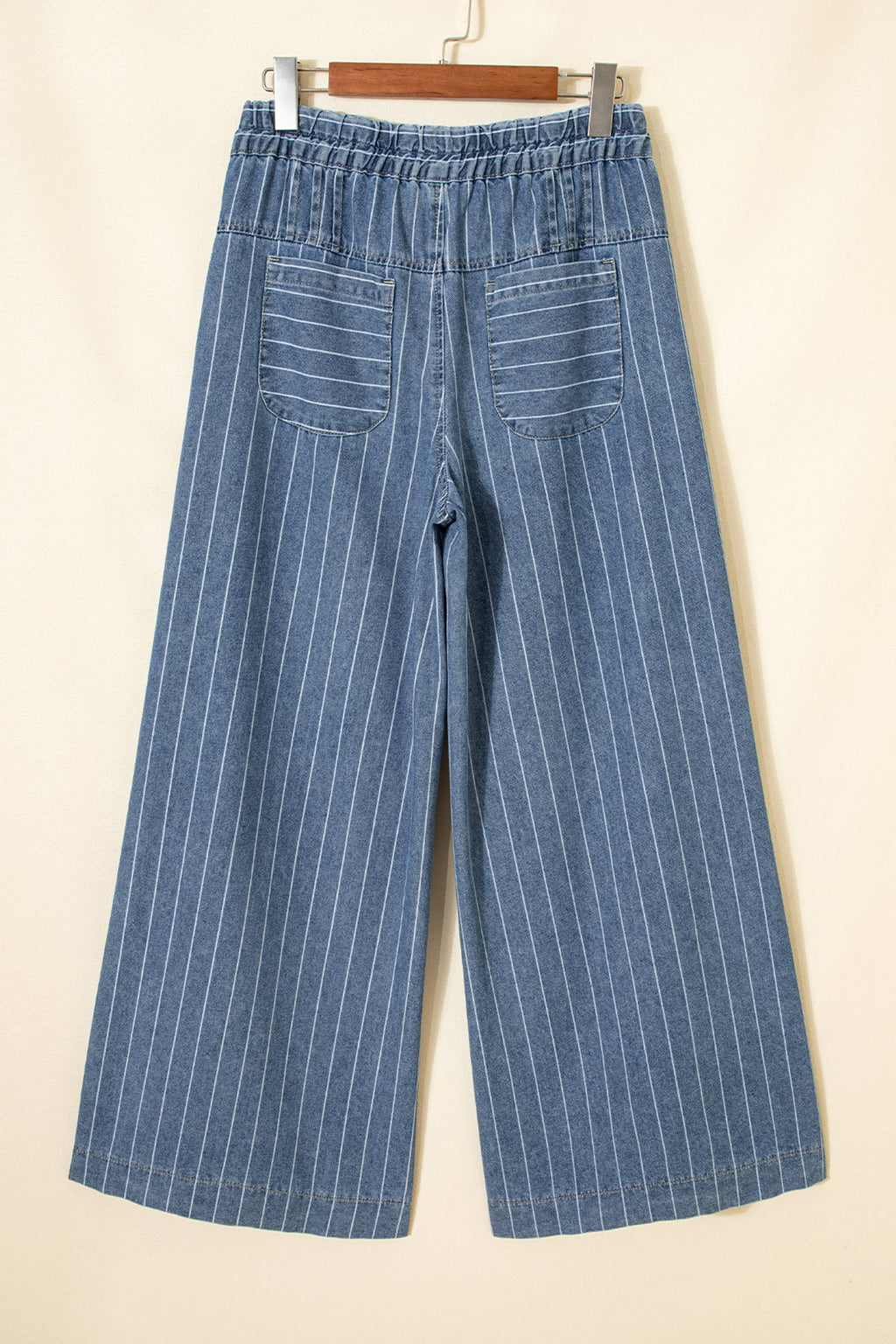 Sky Blue Stripe Button Pleated Drawstring Waist Casual Wide Leg Jeans
