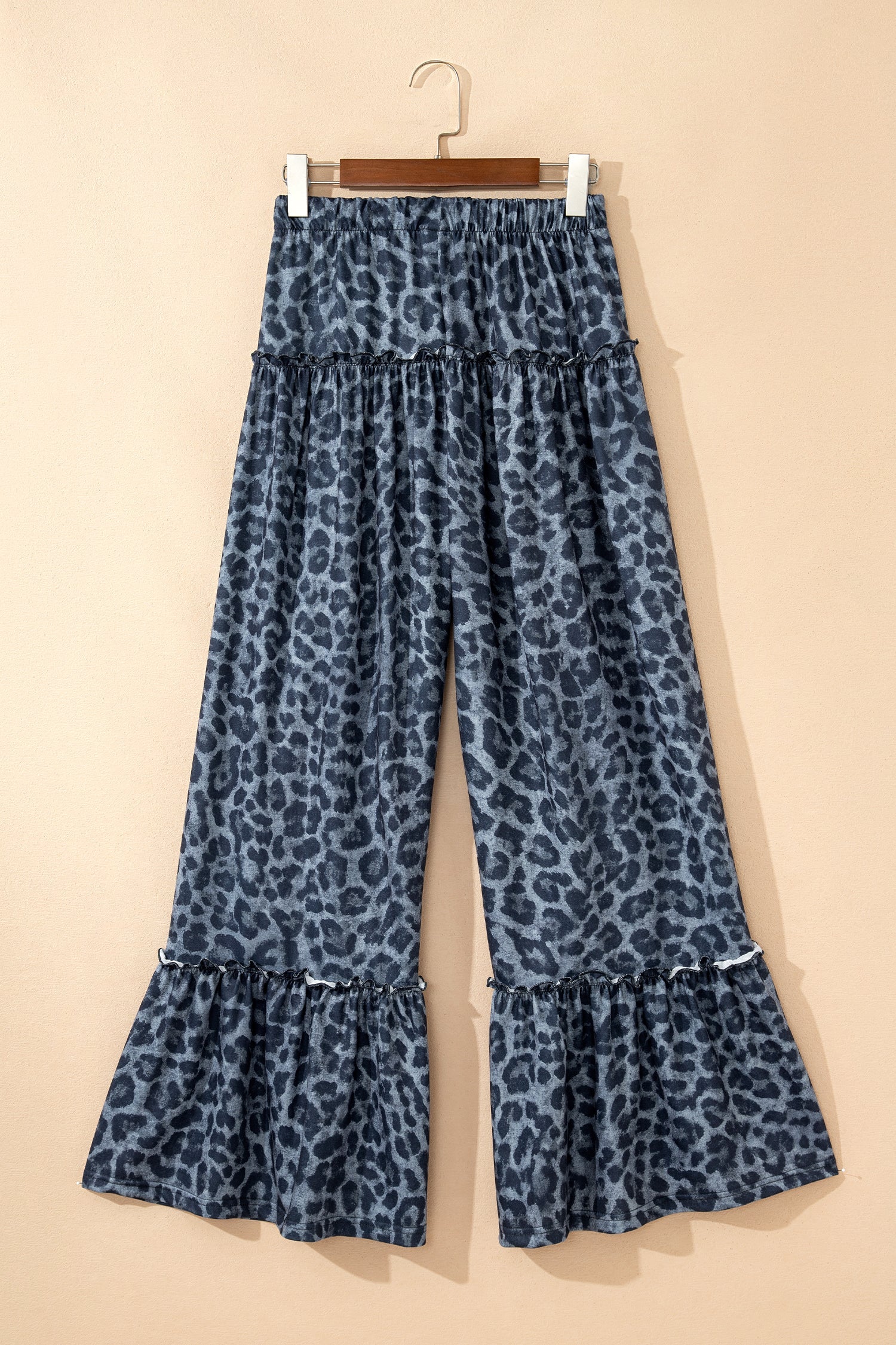 Gray Wild Leopard Print Frilled Detail Drawstring Wide Leg Pants