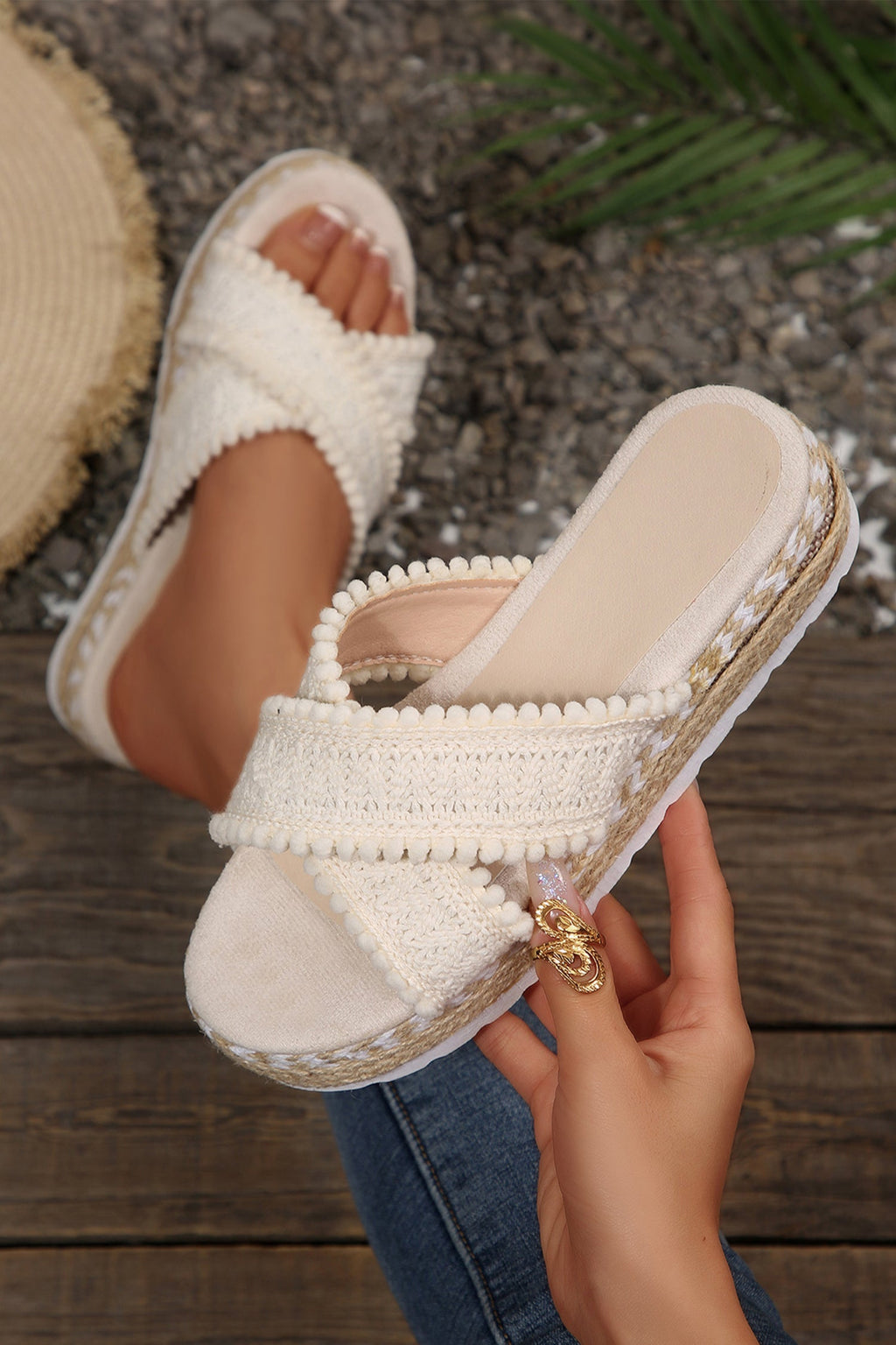 White Pompom Knit Platform Slide Slippers