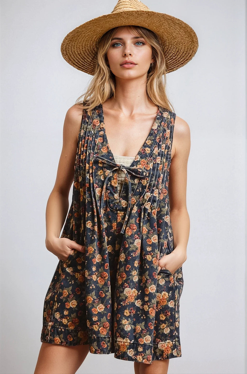 Women's Boho Vintage Bloom Floral Denim Romper