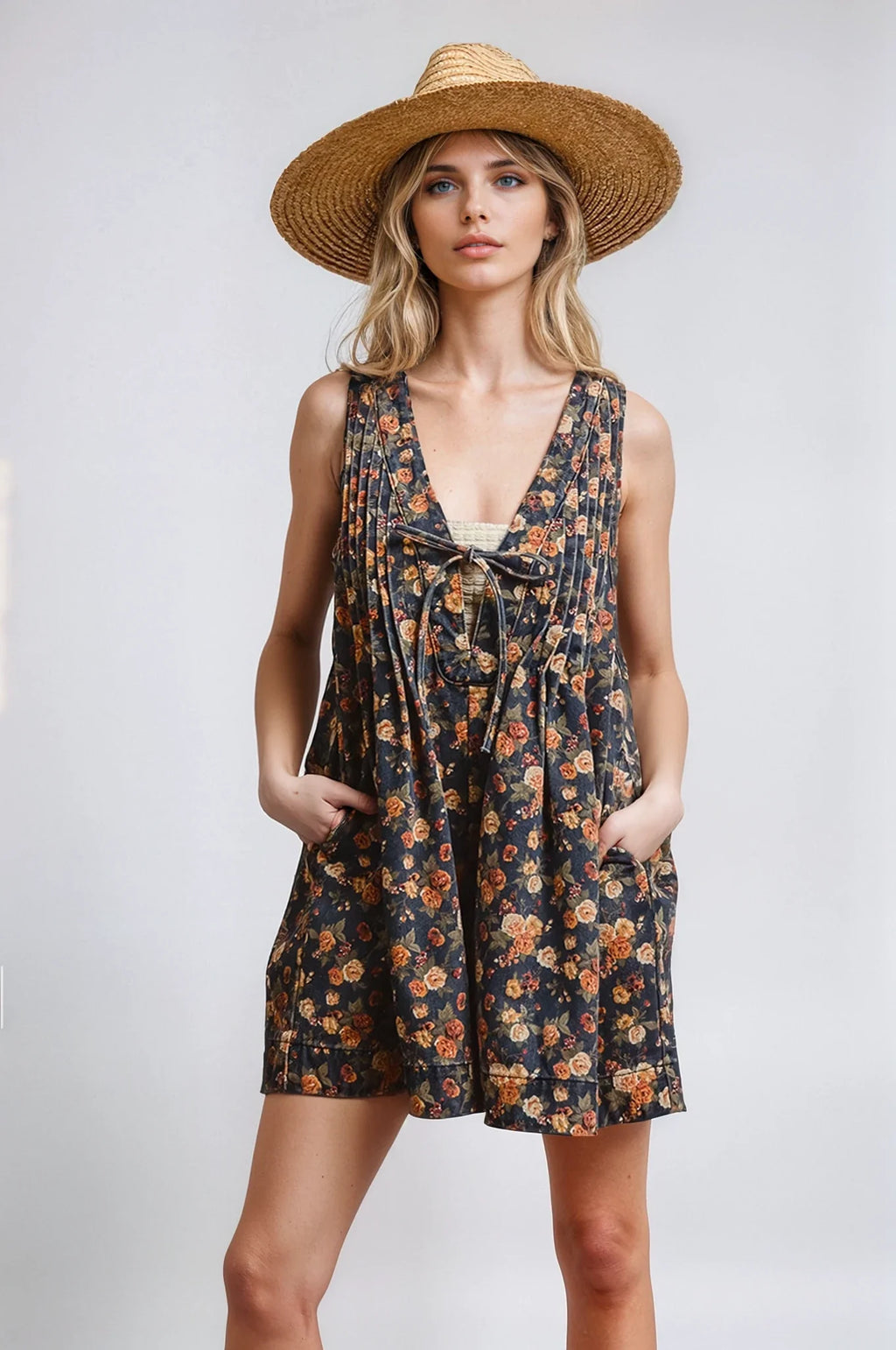 Women's Boho Vintage Bloom Floral Denim Romper