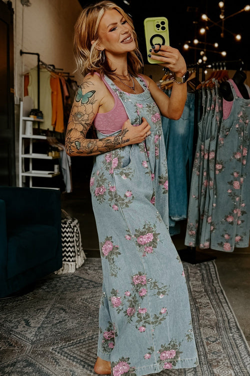 Beau Blue Floral Print Pleated High Waist Wide Leg Denim Jumpsuit
