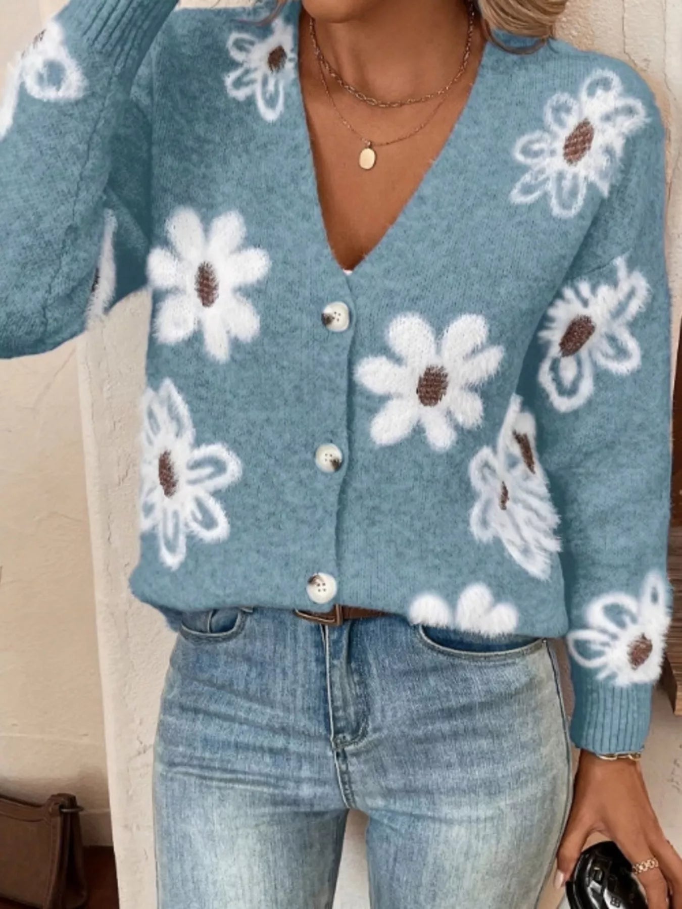 Floral Print Button-Up Knit Cardigan