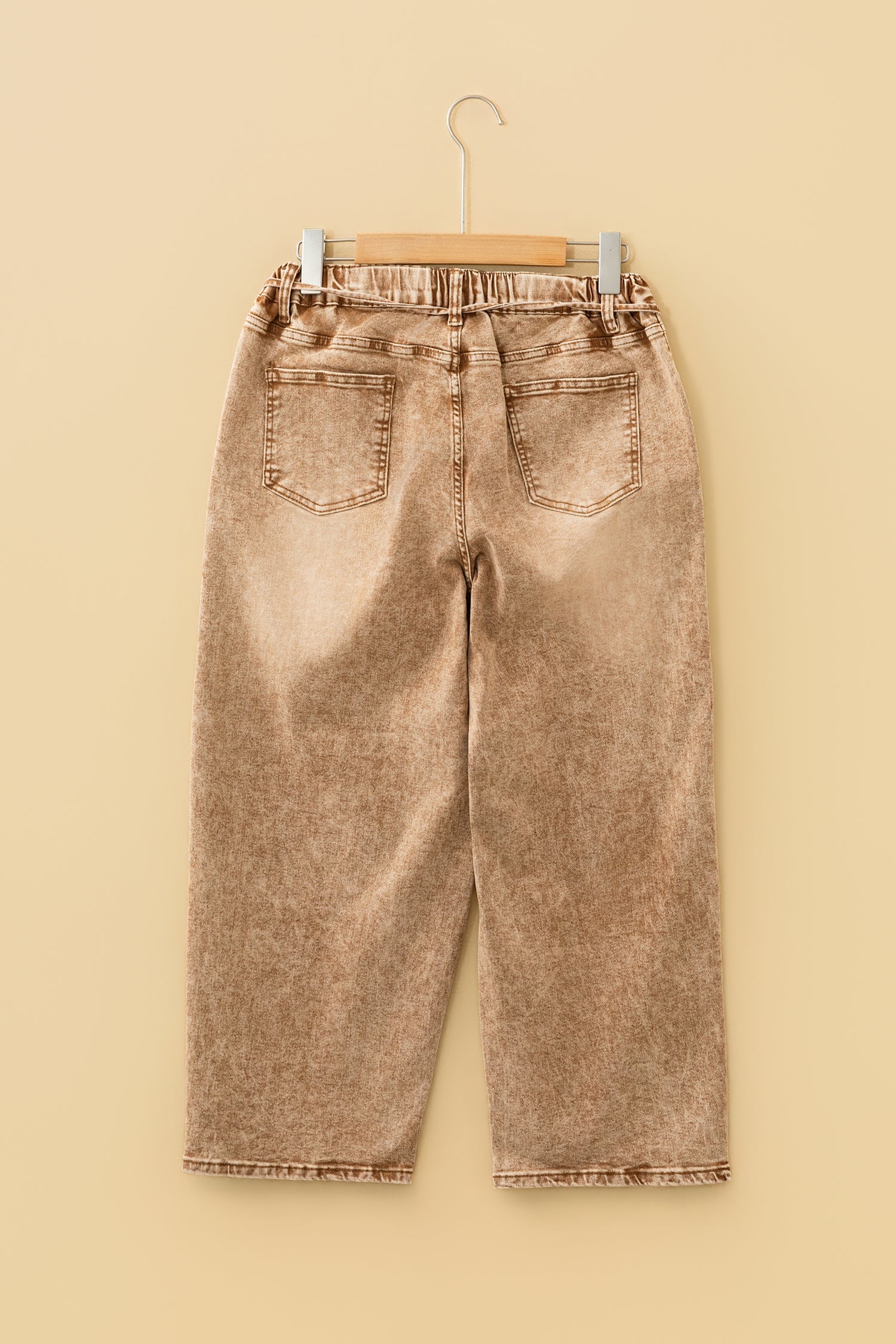 Smoke Gray Acid Wash Barrel Fit Denim Pants with Waist String
