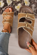 Camel Embroidered Trim Retro Buckle Faux Suede Slippers