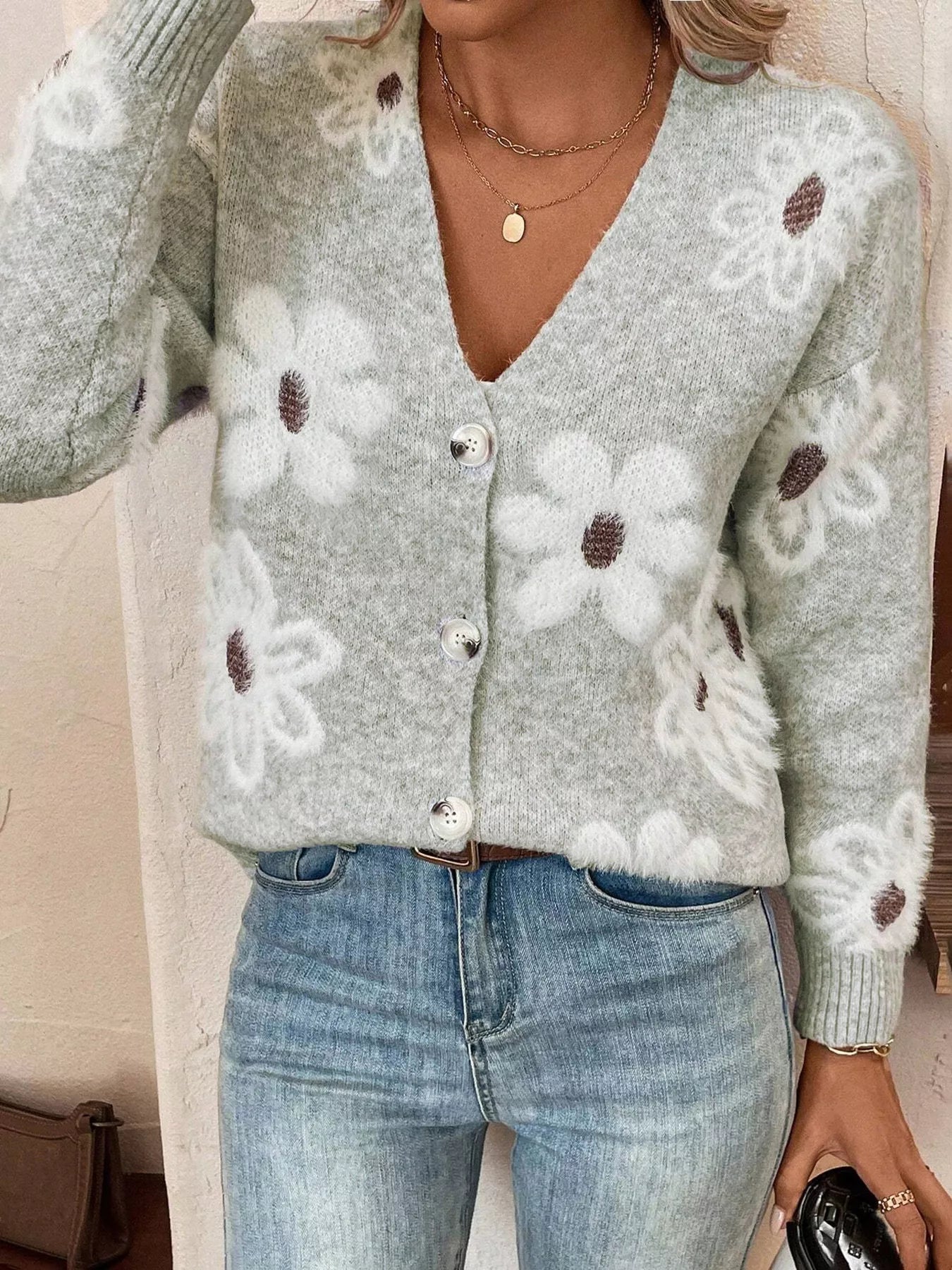Floral Print Button-Up Knit Cardigan