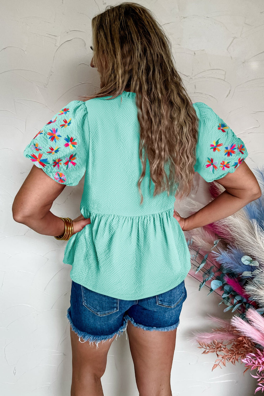 Sachet Pink Frilled V Neck Flower Embroidered Puff Sleeve Textured Blouse