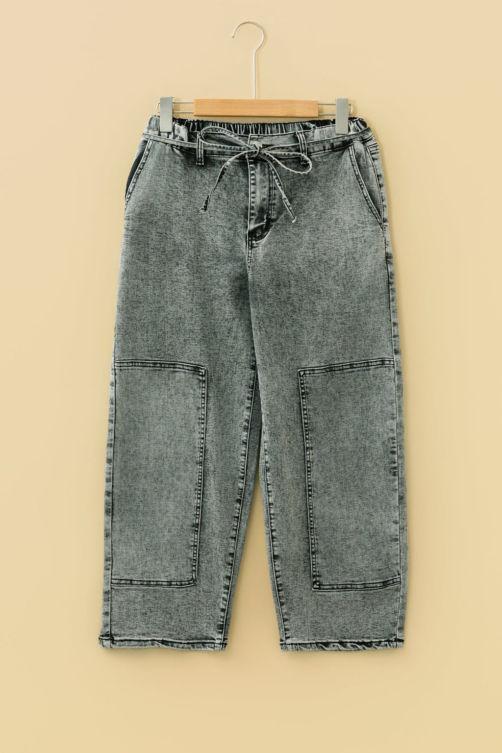 Smoke Gray Acid Wash Barrel Fit Denim Pants with Waist String