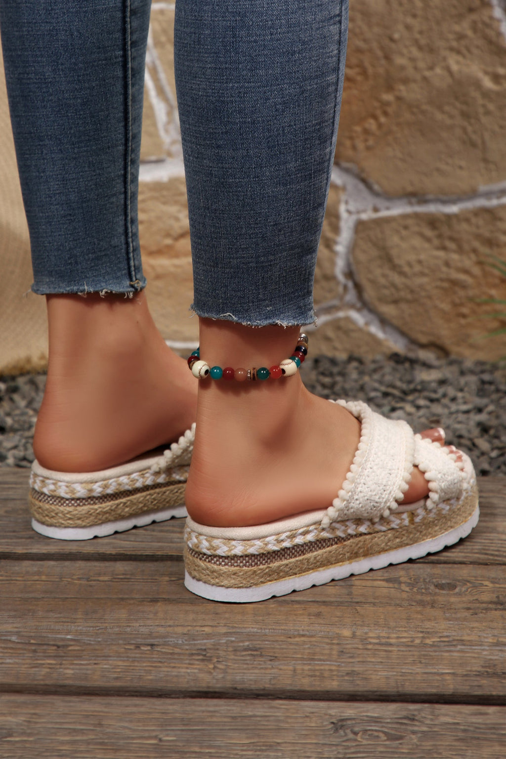 White Pompom Knit Platform Slide Slippers