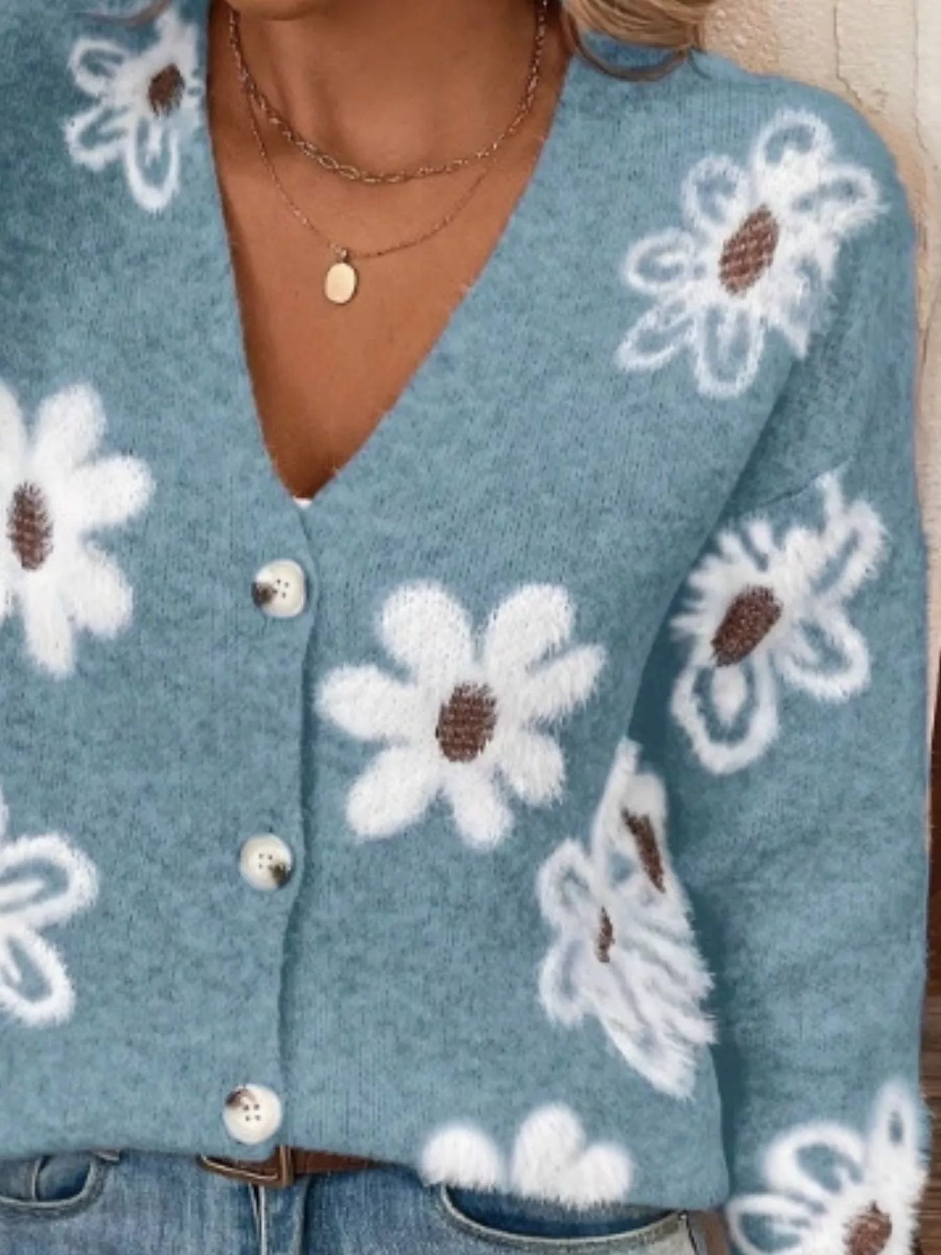 Floral Print Button-Up Knit Cardigan