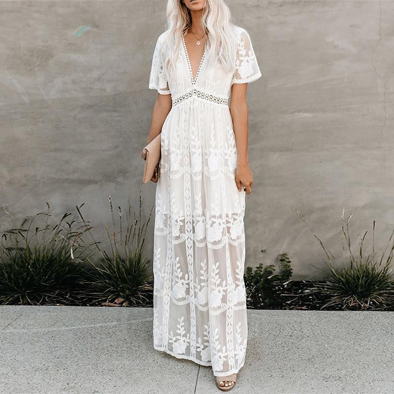 Summer Boho Embroidered Maxi Dress | White Lace Beach Dress