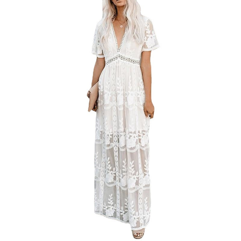 Summer Boho Embroidered Maxi Dress | White Lace Beach Dress