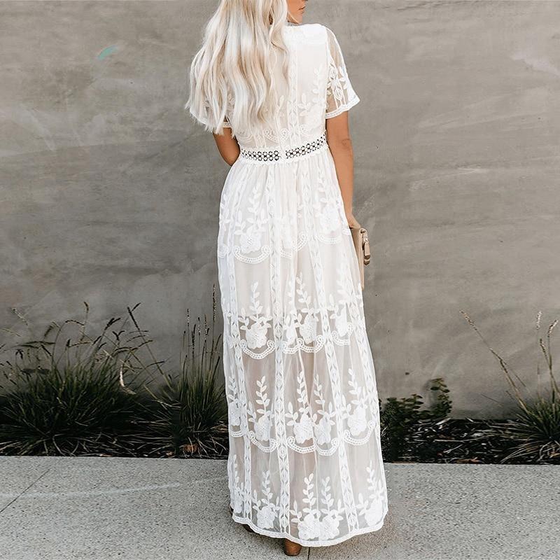 Summer Boho Embroidered Maxi Dress | White Lace Beach Dress
