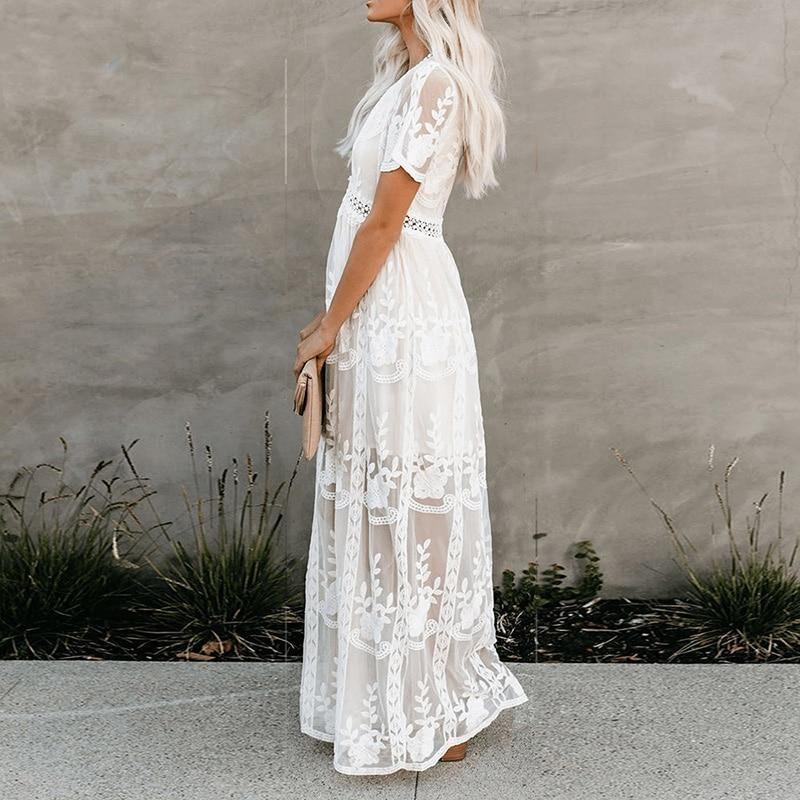 Summer Boho Embroidered Maxi Dress | White Lace Beach Dress