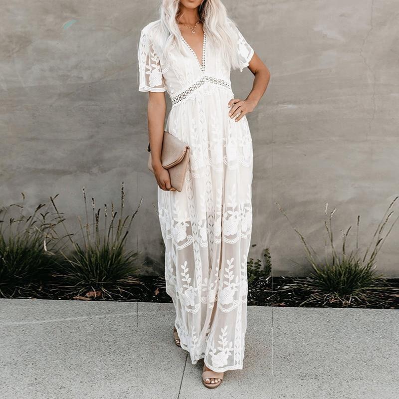 Summer Boho Embroidered Maxi Dress | White Lace Beach Dress