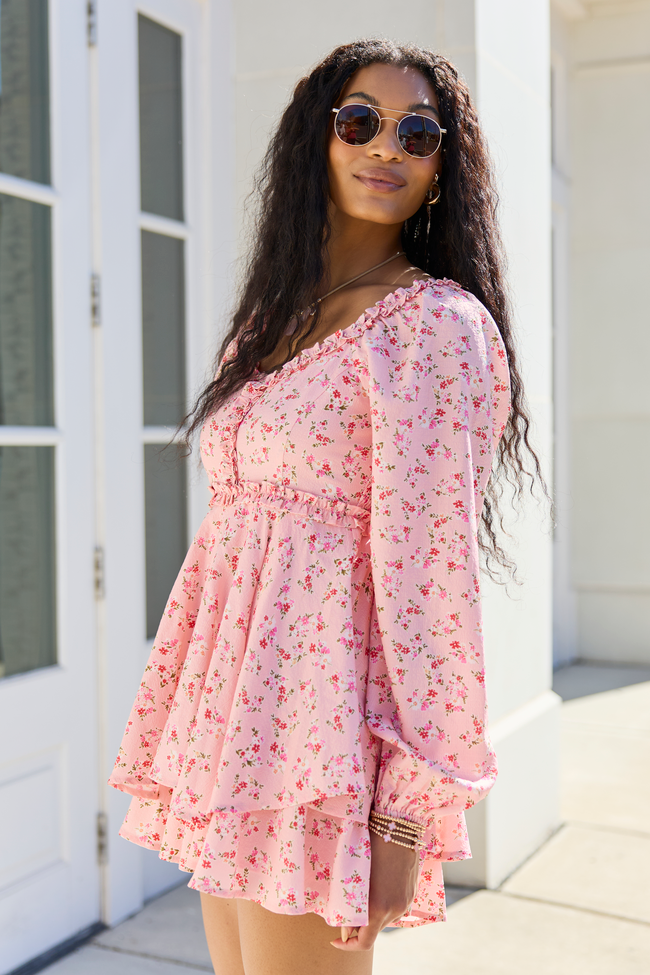 Farah Pink Floral Ruffle Trim Romper SALE