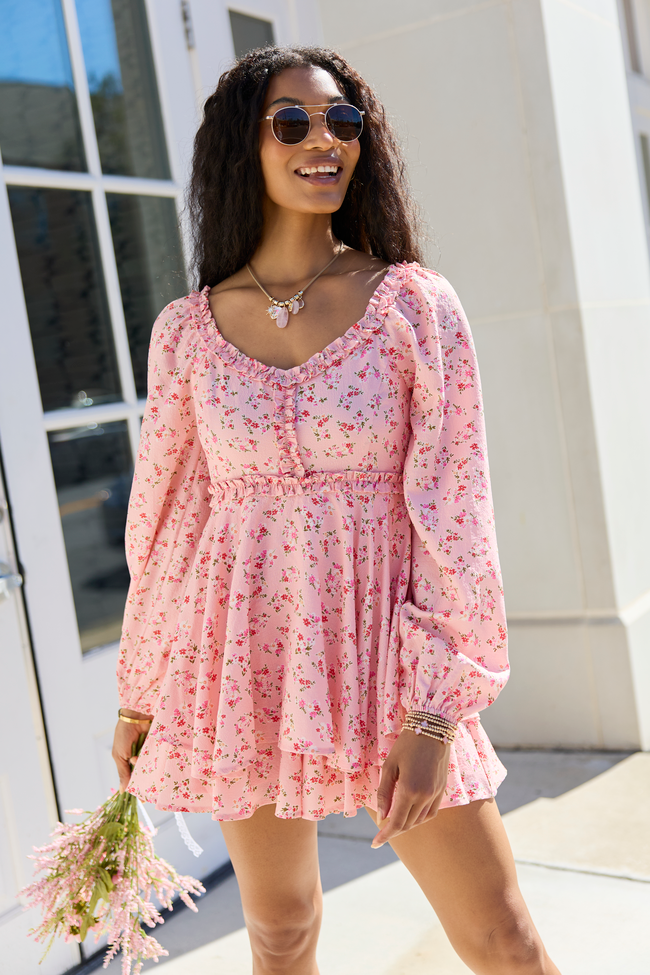 Farah Pink Floral Ruffle Trim Romper SALE