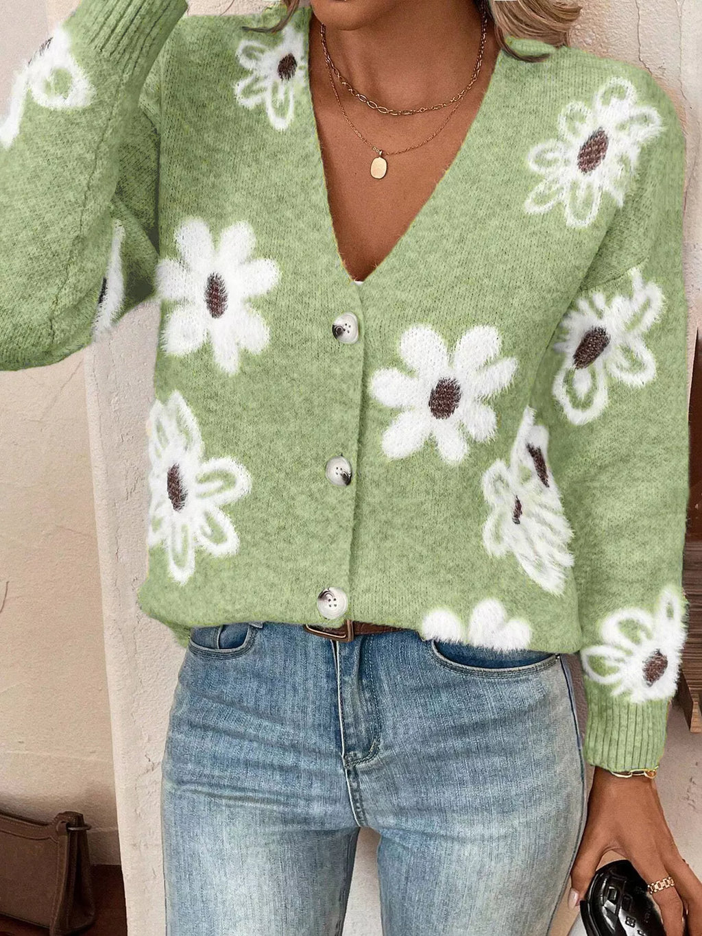 Floral Print Button-Up Knit Cardigan