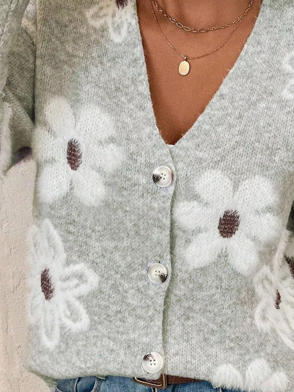 Floral Print Button-Up Knit Cardigan