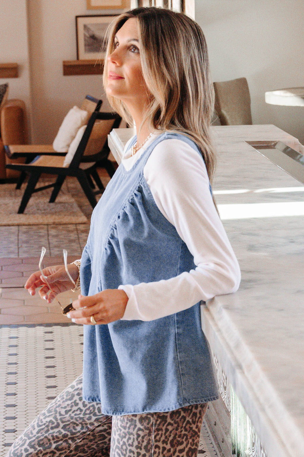 Myosotis Denim Pleated Patchwork Sleeveless Top