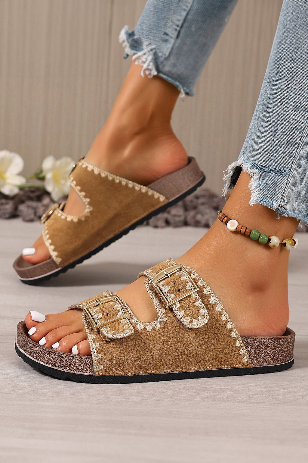 Camel Embroidered Trim Retro Buckle Faux Suede Slippers