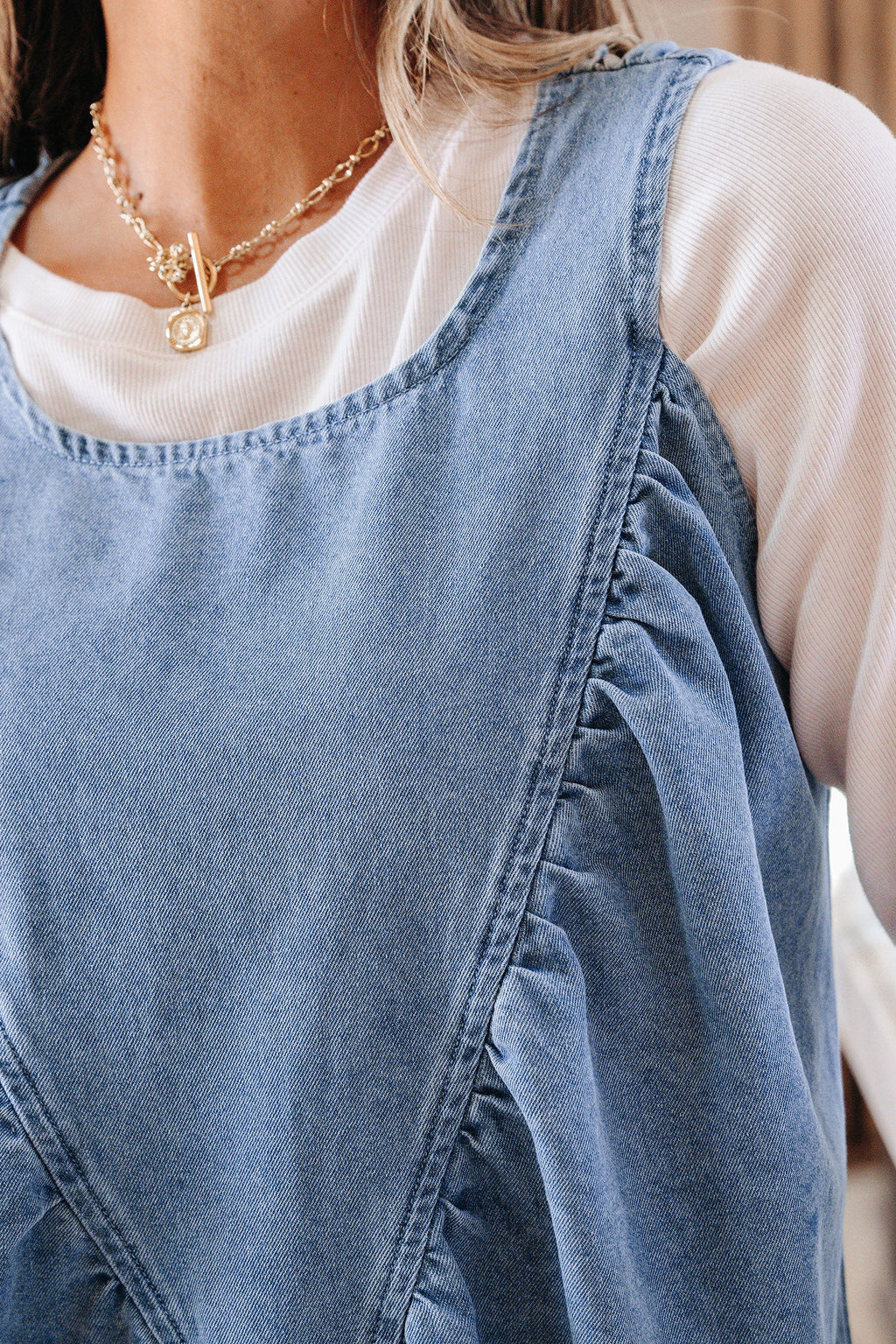 Myosotis Denim Pleated Patchwork Sleeveless Top