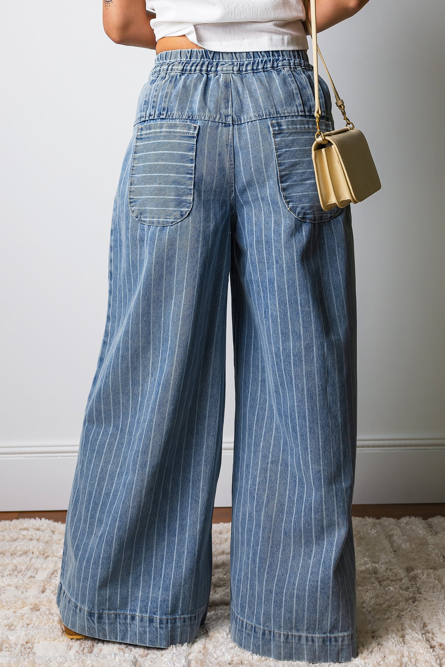 Sky Blue Stripe Button Pleated Drawstring Waist Casual Wide Leg Jeans