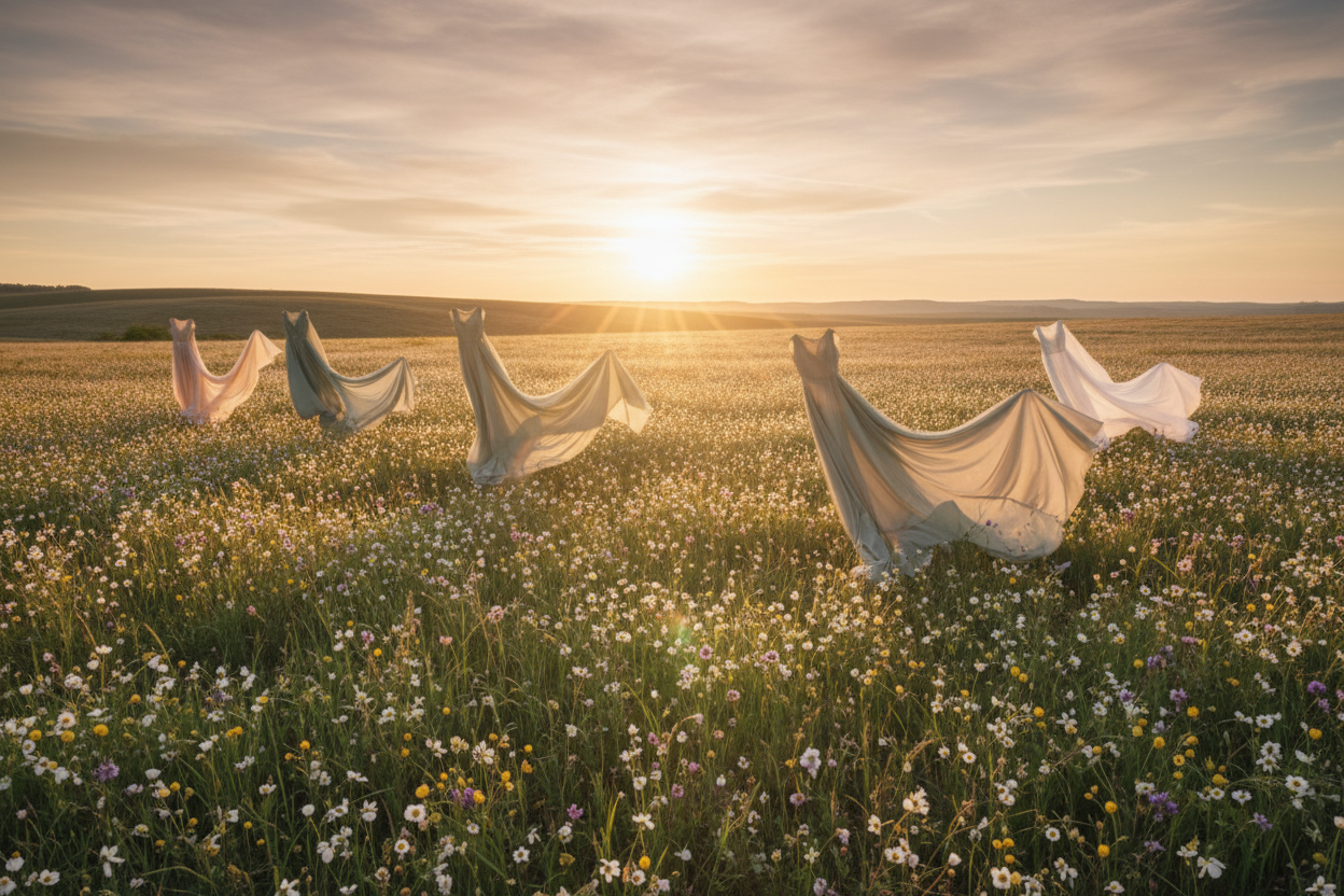 Flowing Clothing in Floral Field